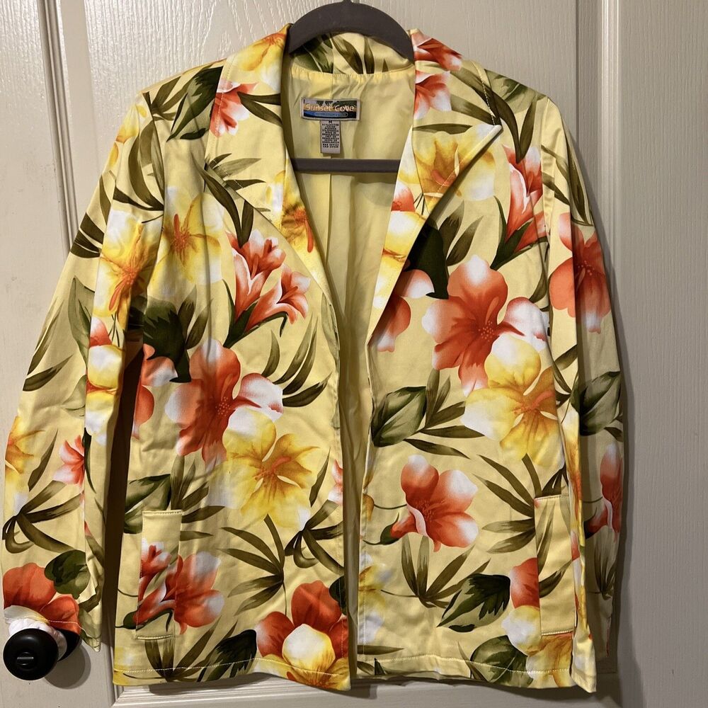 Vtg Sunset Cove Womens Blazer Jacket Size M Yellow Pink Flowers Stretch Fashion